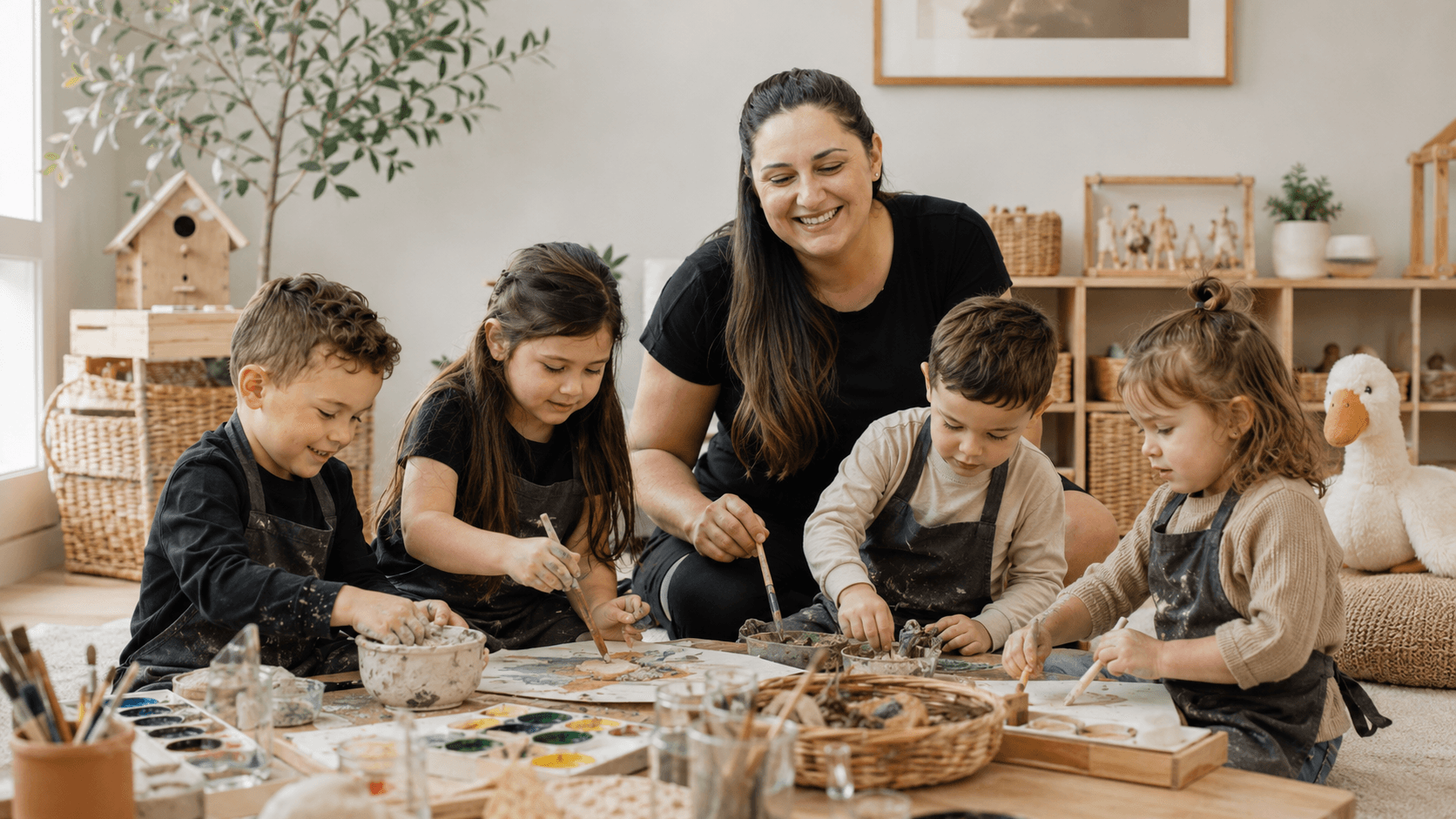 Ms. Goose making art and exploring with children